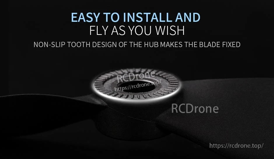 Close-up of T-Motor T12*6 black CW fixed-wing propeller hub with non-slip tooth ring for secure fit