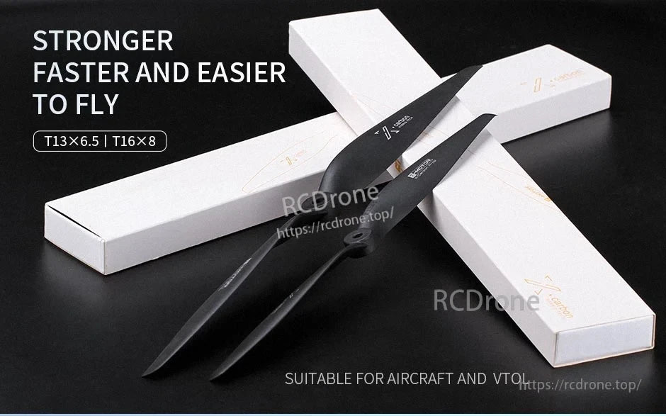T-Motor T13X6.5 Black Propeller, Black T-Motor T13x6.5 propeller set with two blades and white protective boxes for aircraft and VTOL