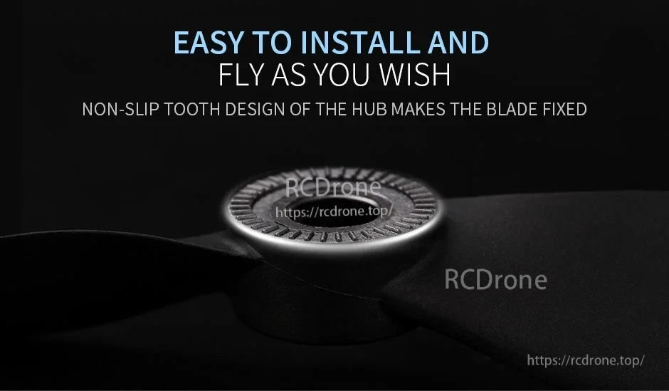 Close-up of T-Motor T13X6.5 black propeller hub with non-slip toothed ring for secure blade mounting