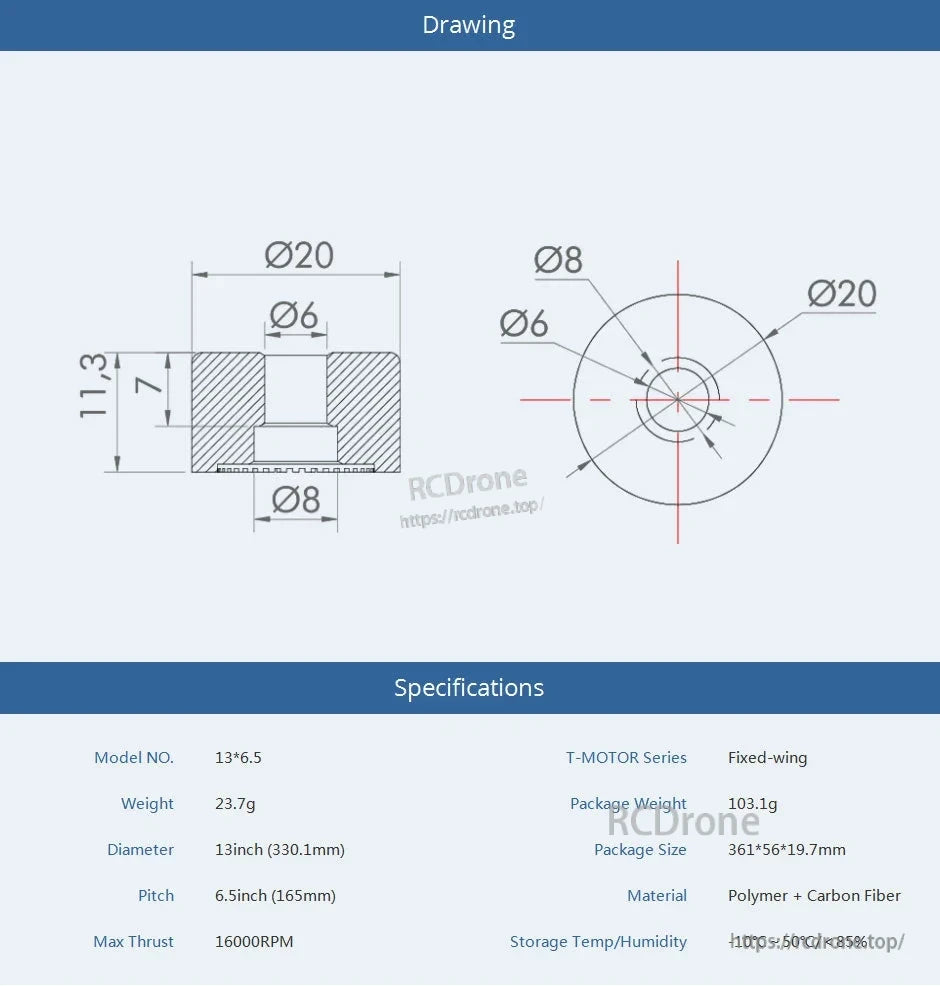 T-Motor T13X6.5 Black Propeller, T-Motor T13X6.5 propeller drawing and specs showing 13-inch diameter, 6.5-inch pitch, 23.7 g weight and material