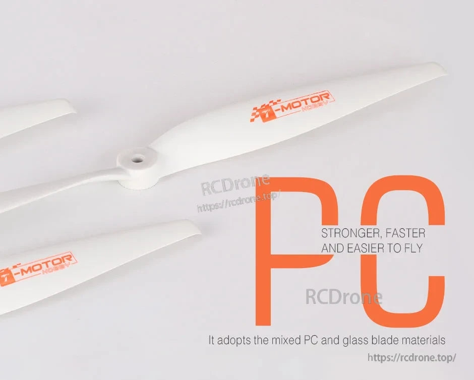 T-Motor T13x6.5 White Fixed-Wing Propeller, T-Motor white two-blade fixed-wing propeller with central hub and orange T-Motor logo on the blade