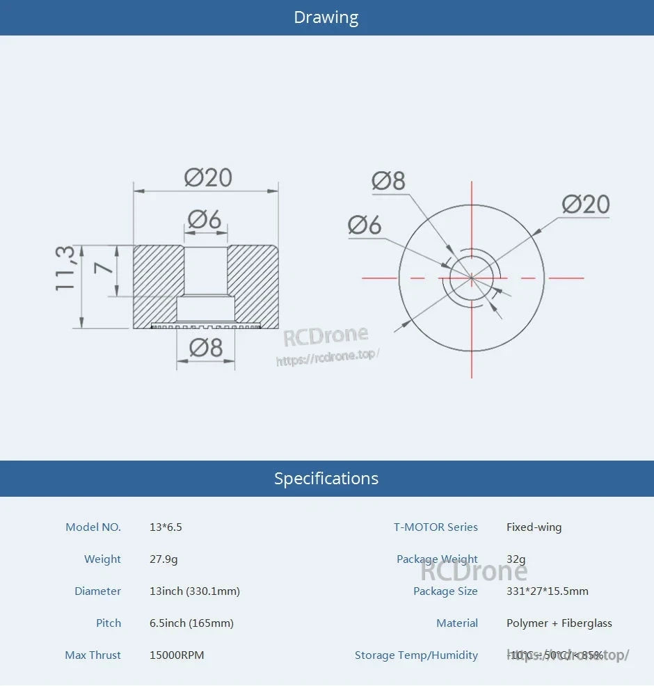 T-Motor T13x6.5 White Fixed-Wing Propeller, T-Motor 13x6.5 fixed-wing propeller drawing and specs, showing 13in diameter, 6.5in pitch, and hub dimensions