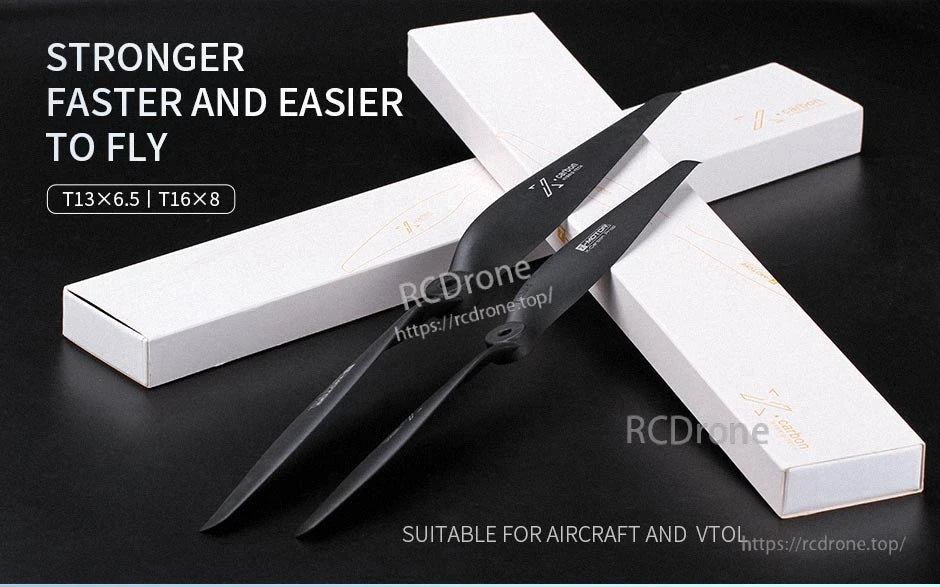 T-Motor T16*8 Black Carbon Polymer Propeller, T-Motor T16×8 black propeller set with two carbon polymer blades and white boxes on a dark background