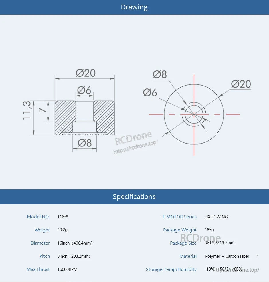 T-Motor T16*8 Black Carbon Polymer Propeller, T-Motor T16*8 propeller spec sheet with hub drawing (Ø20/Ø8/Ø6) and 16in diameter, 8in pitch details