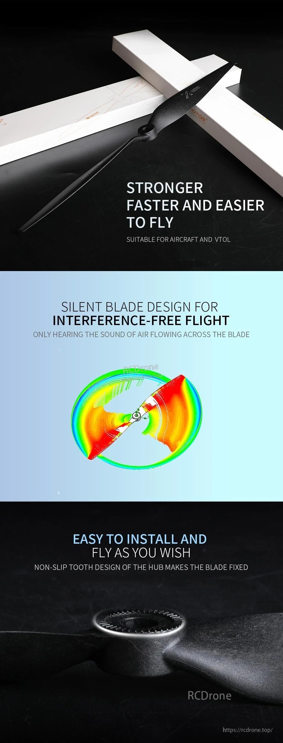 T-Motor T17X10 black carbon polymer propeller with two-blade design, toothed hub, and airflow graphic