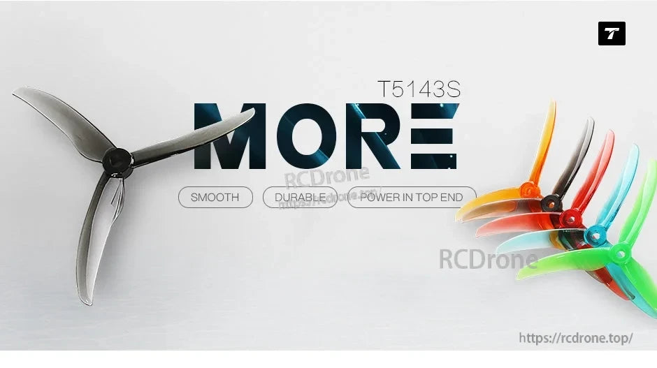 T-Motor T5143S FPV Drone Propeller, T-Motor T5143S three-blade FPV drone propeller, shown in black and multiple color options