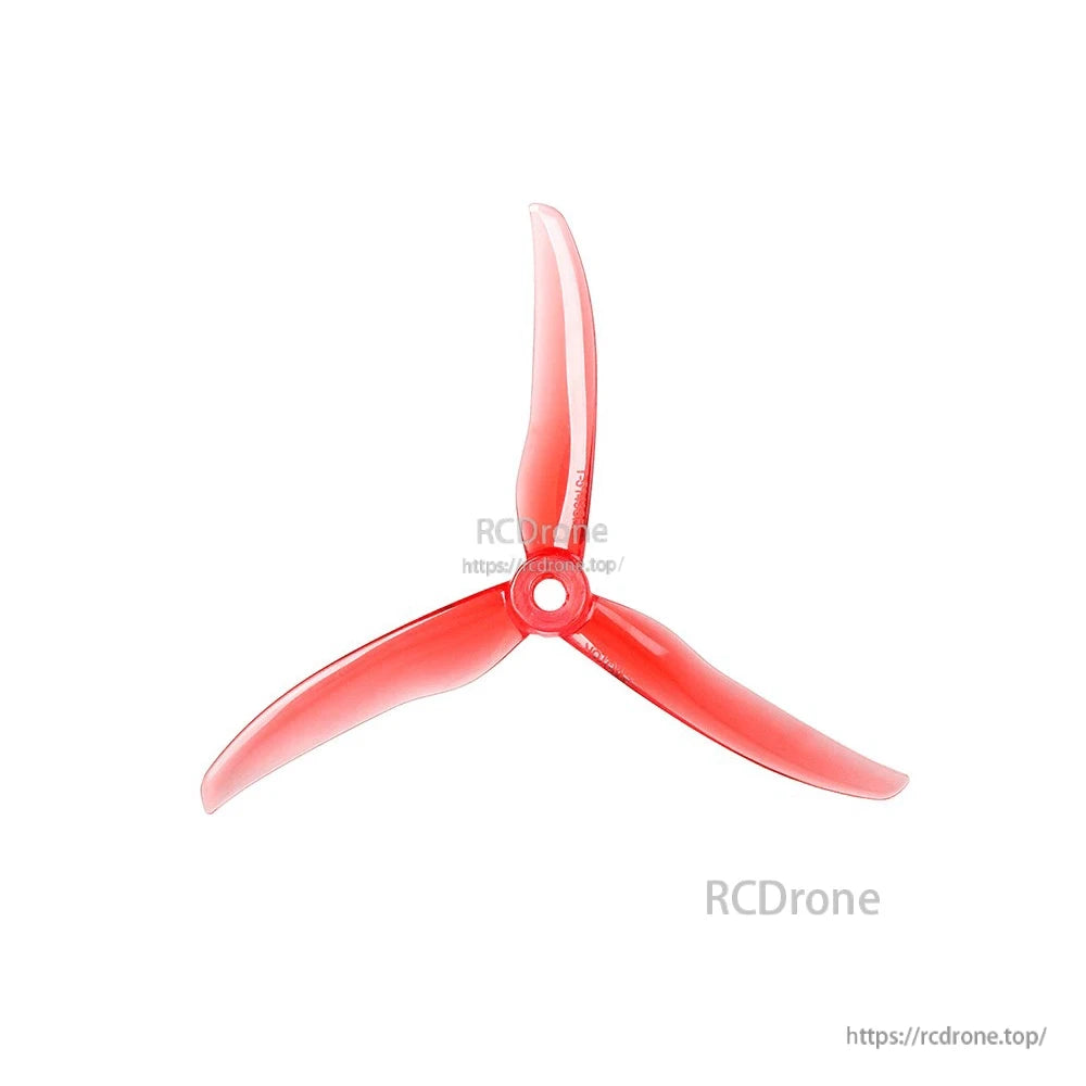 T-Motor T5143S FPV Drone Propeller, Red T-Motor T5143S tri-blade FPV drone propeller with center mounting hole on a white background