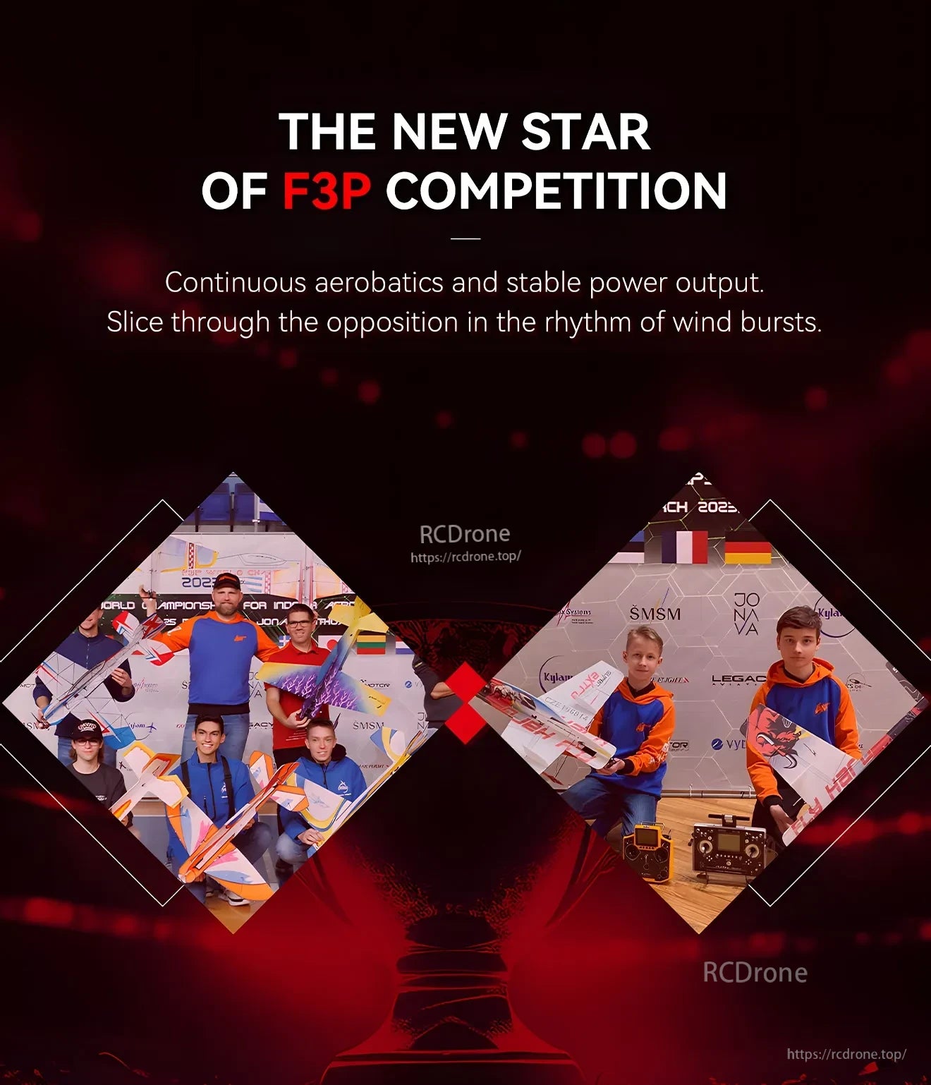 T-Motor T8044 PRO Propeller, Promotional graphic reading “The new star of F3P competition” with photos of indoor aerobatic RC pilots and planes