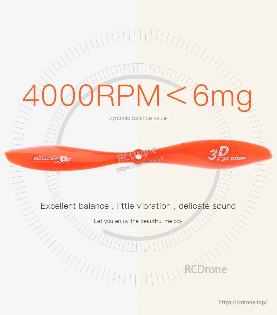 T-Motor T8044 Plastic Propeller, Orange T-Motor 3D F3P two-blade plastic propeller with “4000RPM < 6mg” dynamic balance value text
