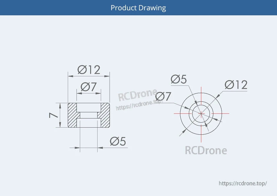 T-Motor T8044 plastic propeller hub drawing with 12 mm outer diameter, 7 mm recess, and 5 mm center bore