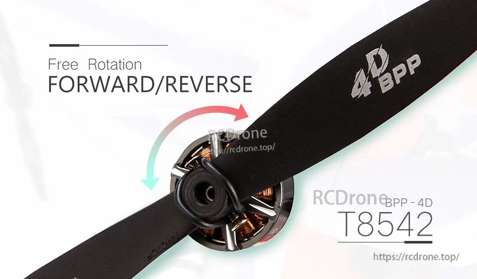 T-Motor T8542 F3P 4D Airplane Propeller, T-Motor T8542 BPP-4D airplane propeller on motor hub, marked 4D BPP with forward/reverse free rotation graphic