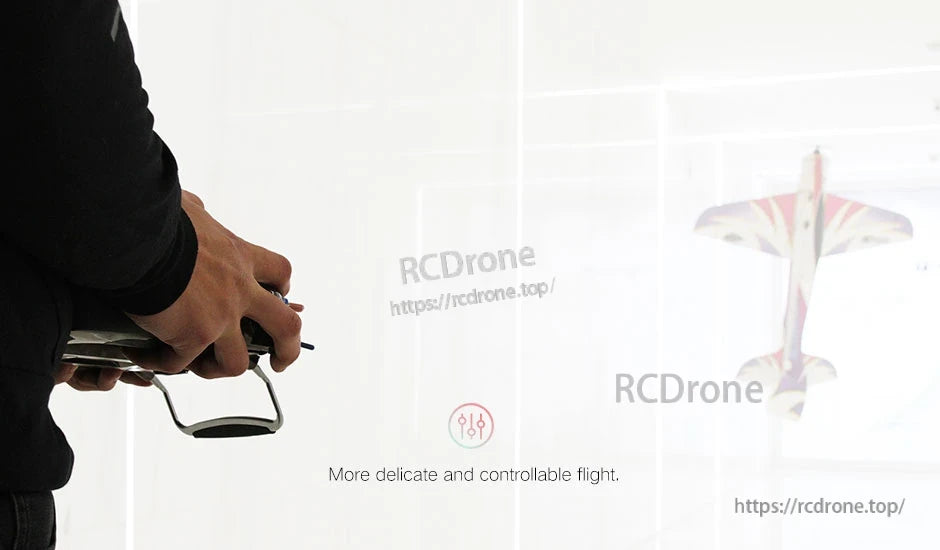 T-Motor T8542 F3P 4D Airplane Propeller, Pilot holding a radio transmitter while flying an RC airplane, with "More delicate and controllable flight" text