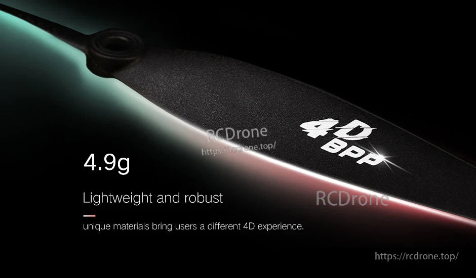 Close-up of T-Motor T8542 F3P 4D airplane propeller blade marked “4D BPP,” with 4.9g weight text