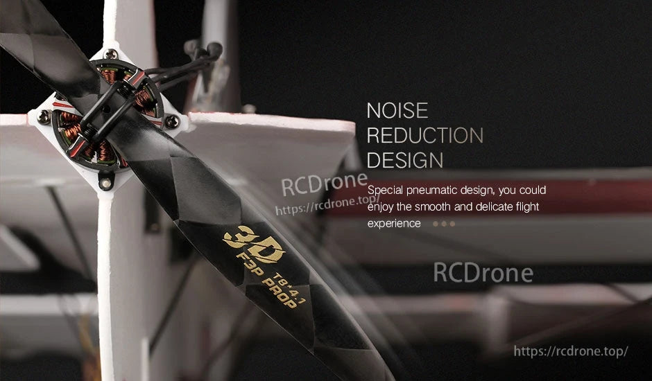 Close-up of T-Motor T8X4.1 carbon propeller mounted on a multirotor motor, with noise reduction design text