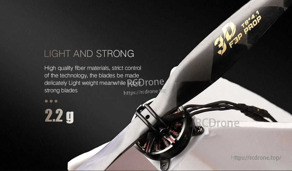 T-Motor T8X4.1 Carbon Propeller, T-Motor T8X4.1 carbon FPV propeller mounted on a motor, with “T8*4.1 FPV PROP” marking and 2.2 g weight text