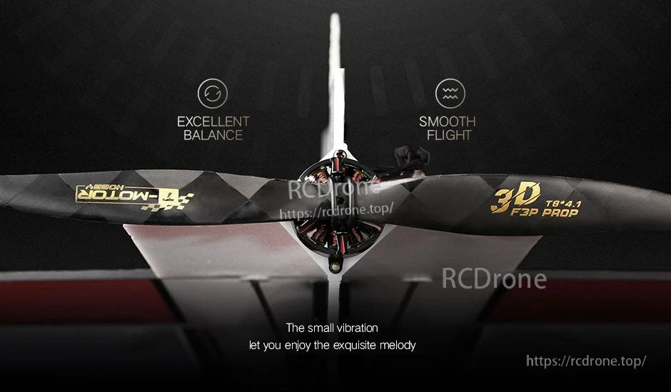 T-Motor T8X4.1 Carbon Propeller, T-Motor T8*4.1 carbon propeller mounted on motor, marked “3D T8*4.1 F3P PRO” on the blade