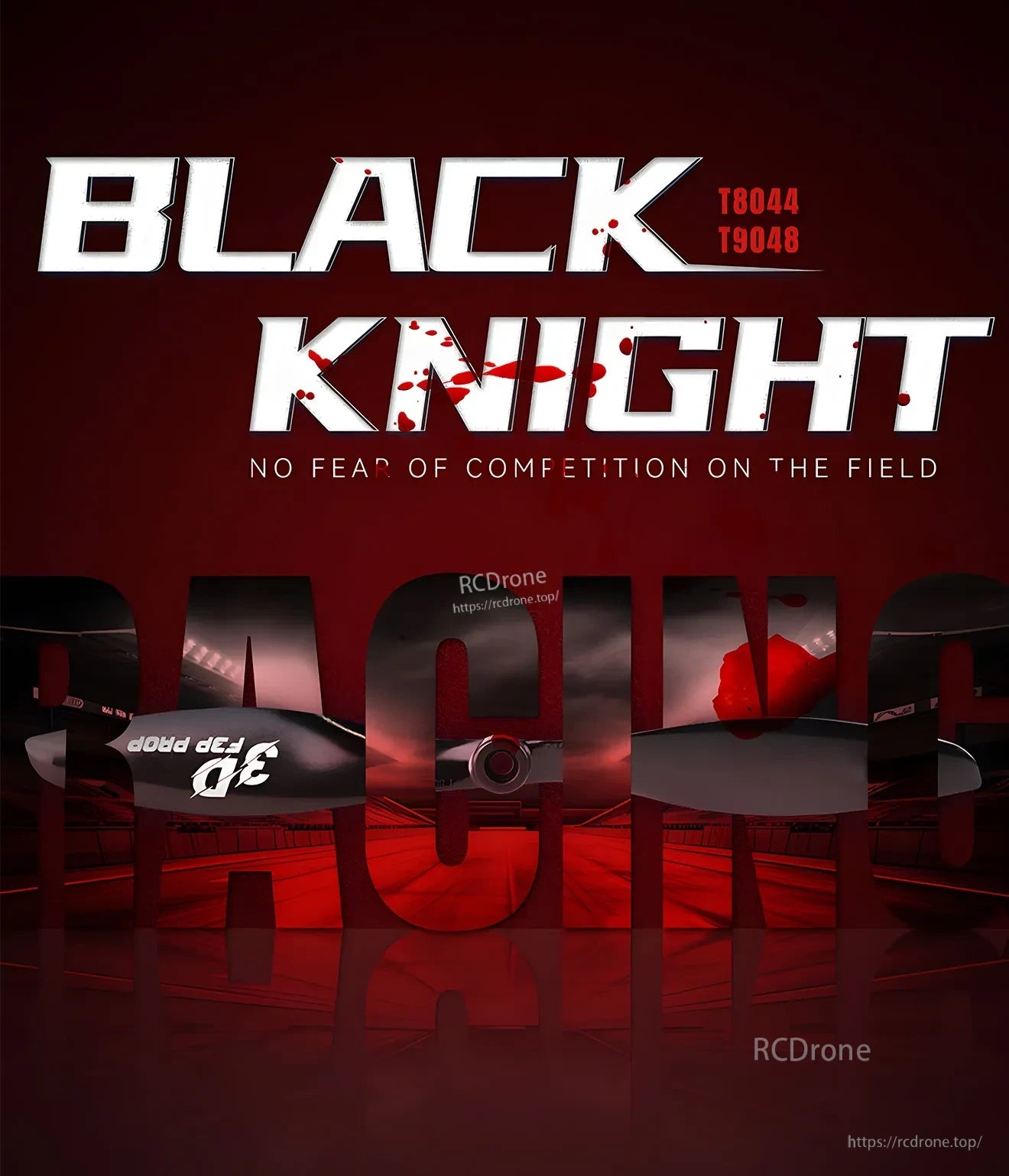 T-Motor T9048 PRO Polymer Carbon Propeller, T-Motor Black Knight propeller graphic with T8044/T9048 model text and close-up of black blades