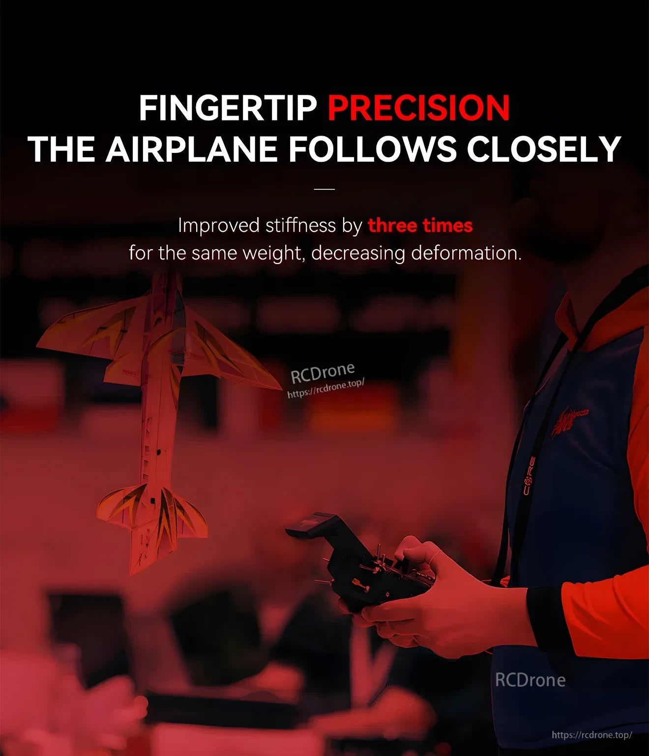 T-Motor T9048 PRO Polymer Carbon Propeller, Promotional banner with RC airplane and controller, stating “Fingertip Precision” and improved stiffness by three times.