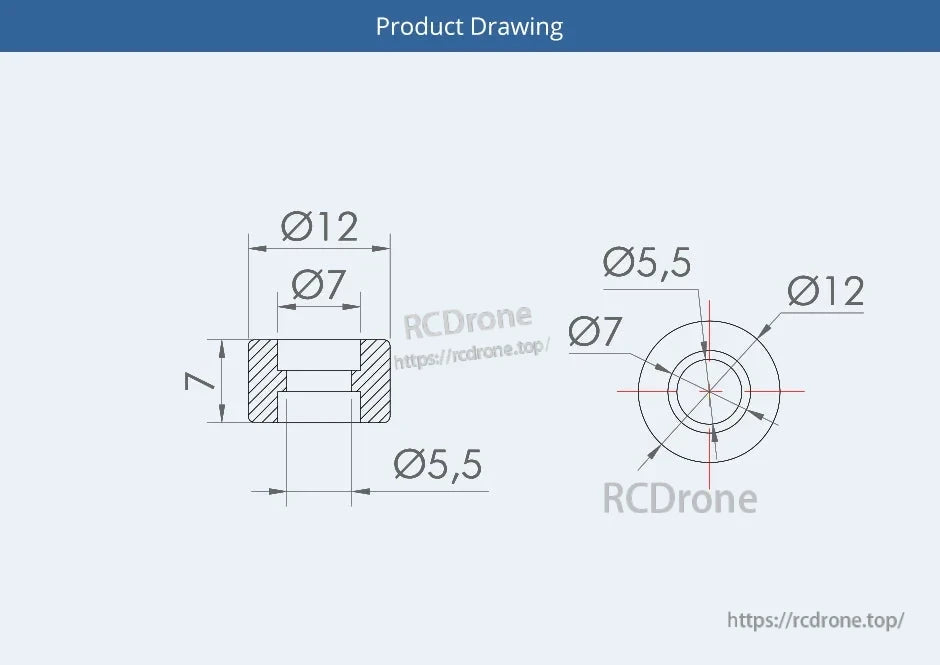 T-Motor T9048 Plastic Propeller, Product drawing of T-Motor T9048 9x4.8 propeller hub showing Ø12 outer diameter and Ø7/Ø5.5 bores