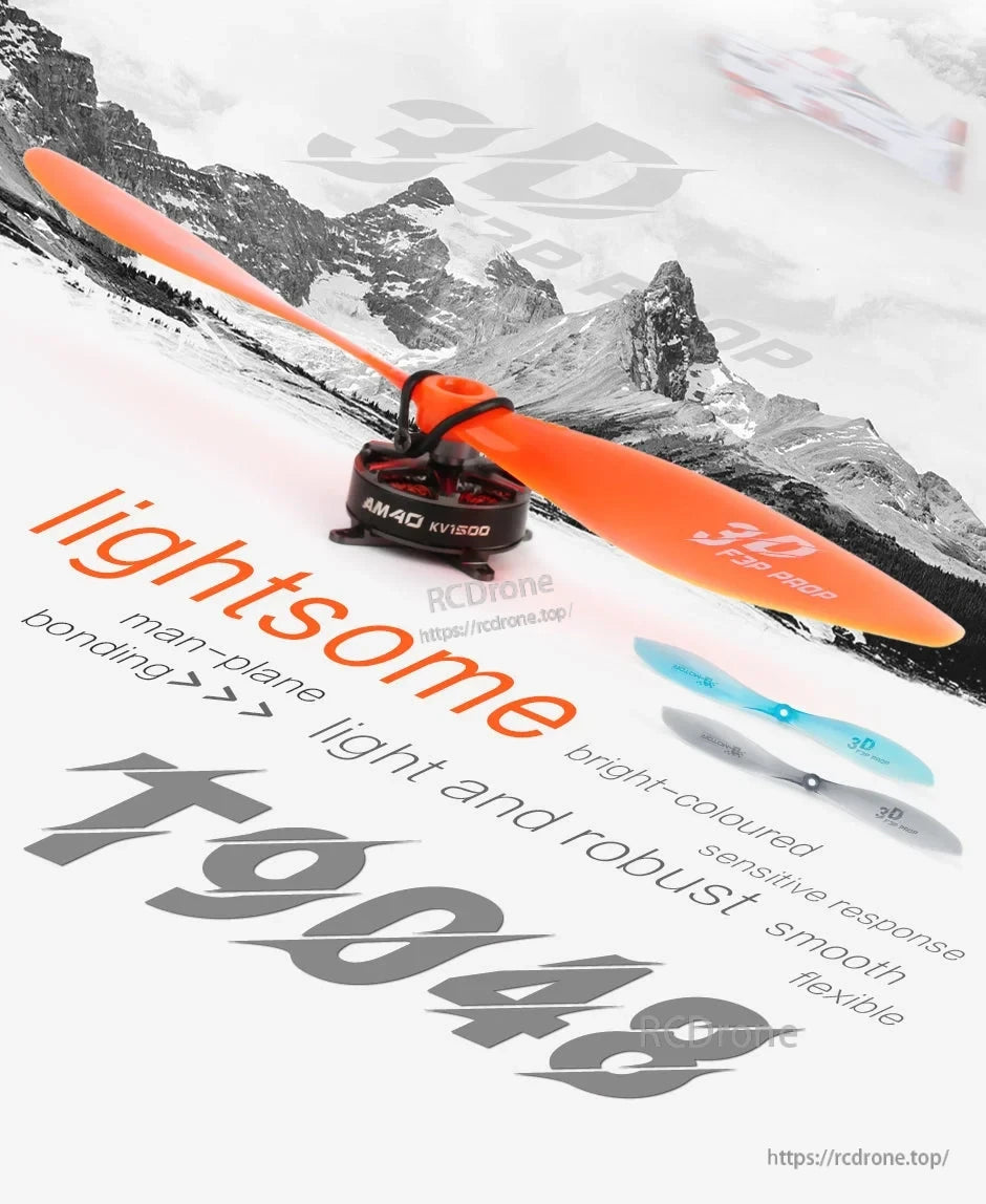 T-Motor T9048 Plastic Propeller, T-Motor T9048 9x4.8 plastic propeller in orange mounted on a brushless motor, with blue and white options