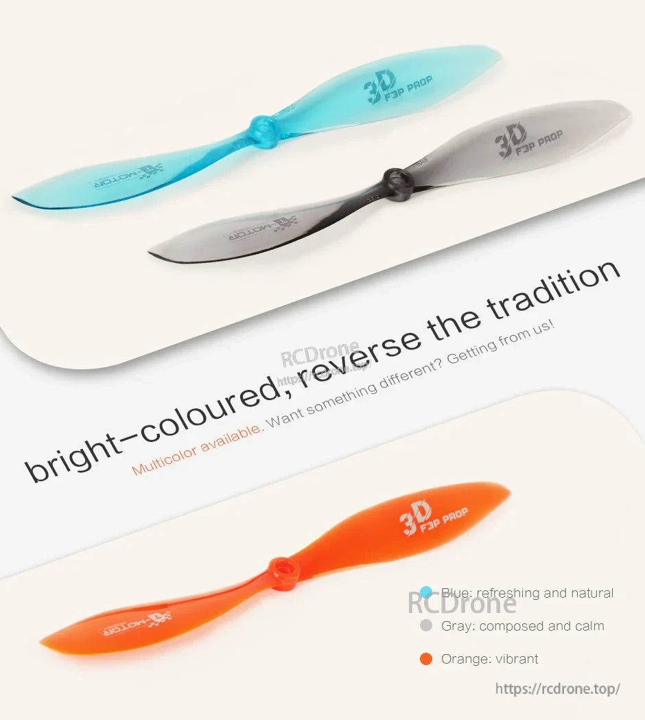 T-Motor T9048 Plastic Propeller, T-Motor T9048 9x4.8 F3P plastic propellers in blue, gray, and orange with 3D F3P PROP markings