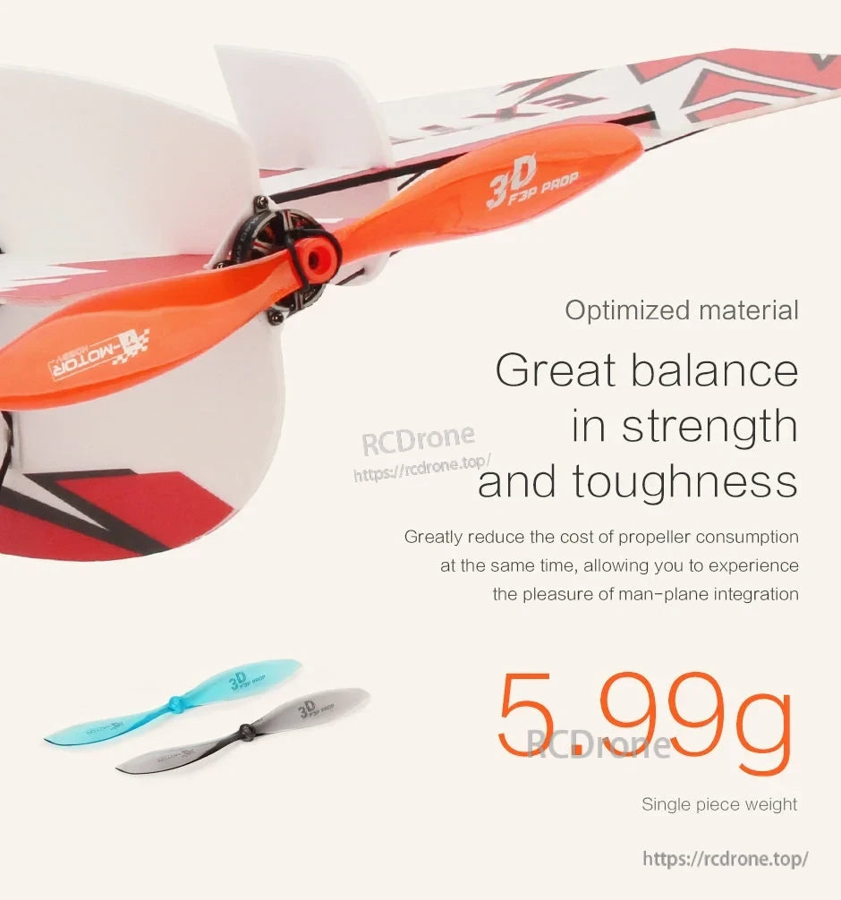 T-Motor T9048 Plastic Propeller, T-Motor 3D F3P propeller mounted on an indoor fixed-wing plane, single piece weight 5.99g