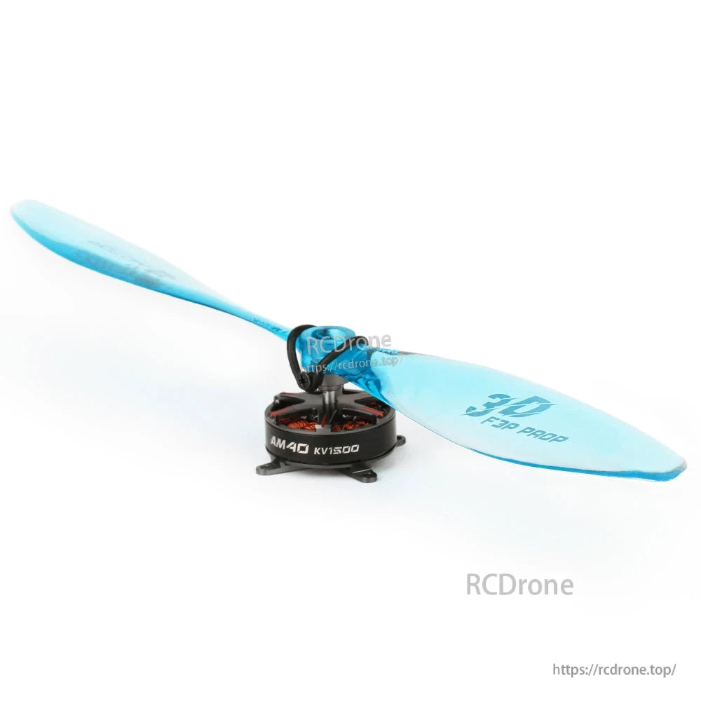 T-Motor T9048 Plastic Propeller, Blue two-blade RC aircraft propeller mounted on a small brushless motor, with printed hub markings