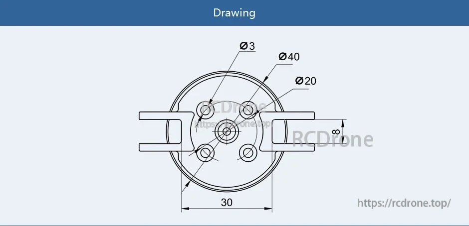 T-Motor TF15X8 Fixed-Wing Folding Propeller, Dimension drawing of T-Motor TF15X8 folding propeller hub with Ø40/Ø20 circles, Ø3 holes, 30 mm spacing