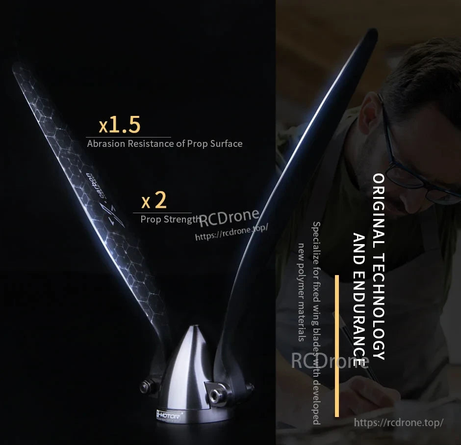 T-Motor TF15X8 fixed-wing folding propeller with two blades on metal hub, with text on abrasion resistance and strength