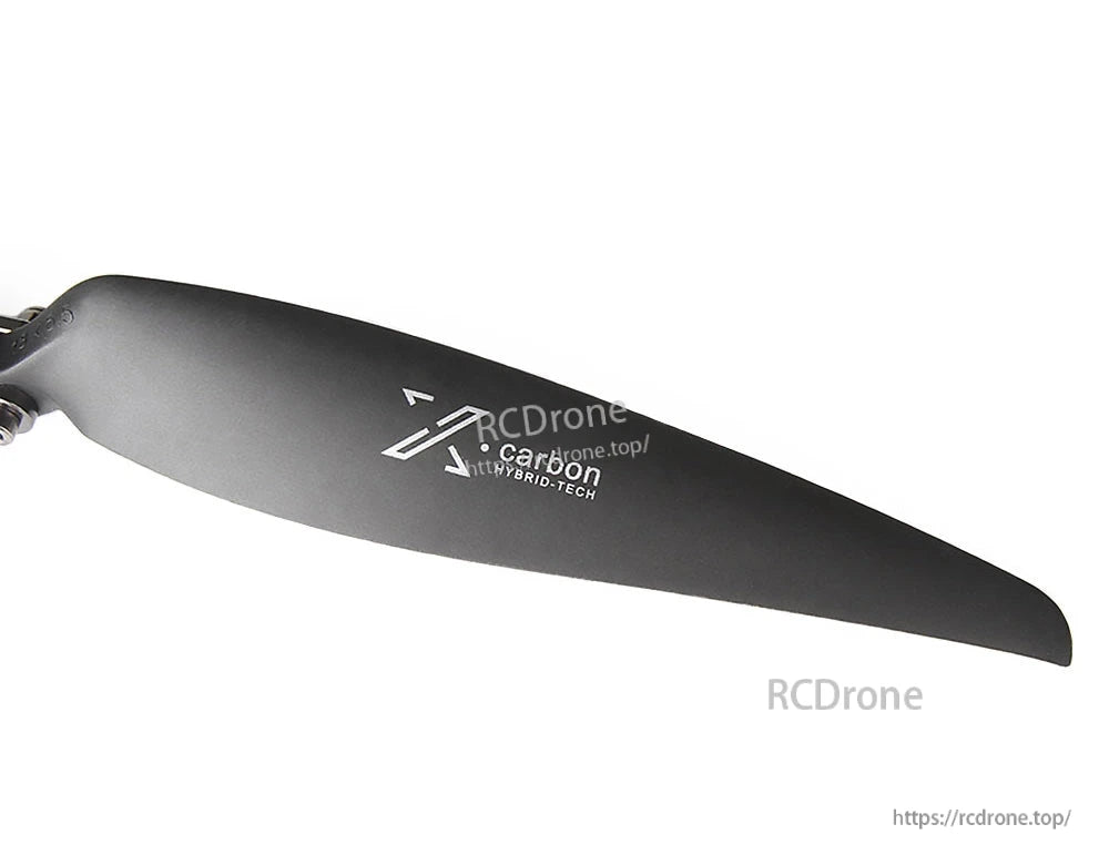 Black folding fixed-wing propeller blade with carbon hybrid-tech marking and rotation direction arrow