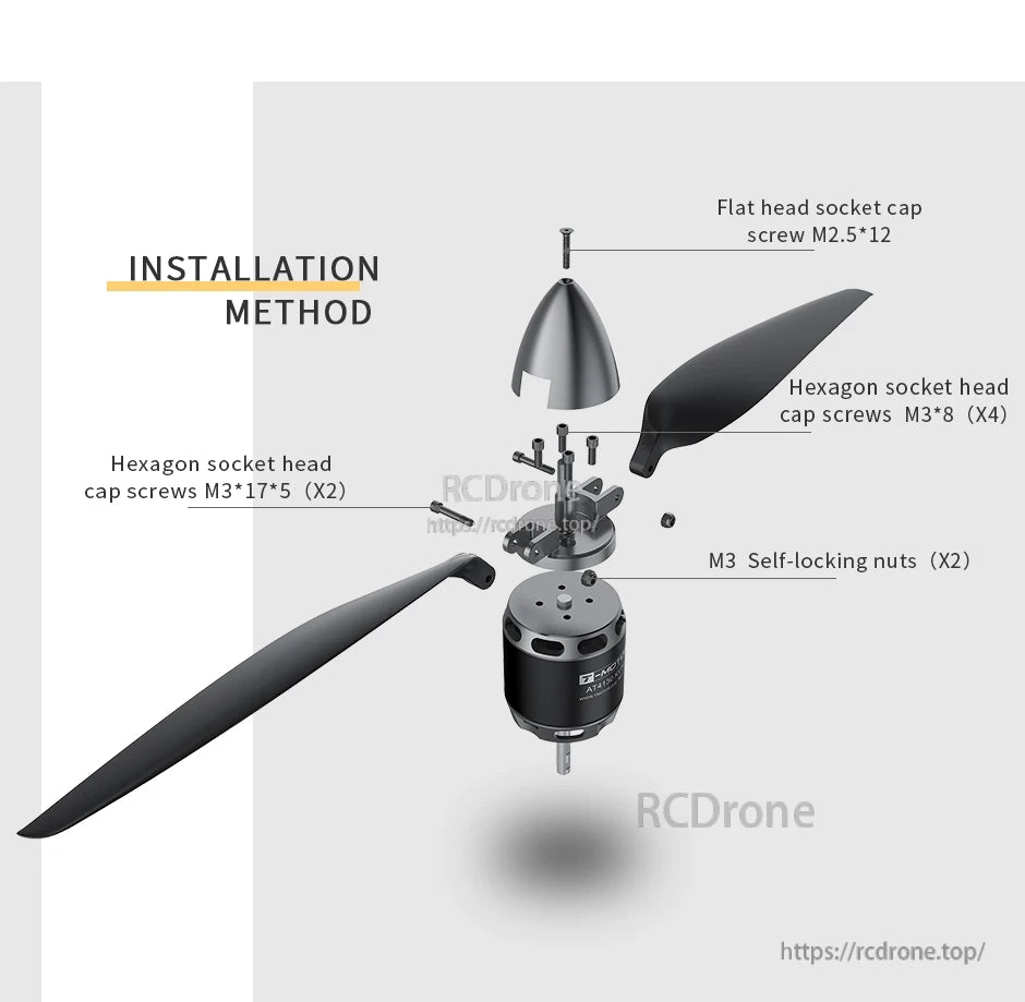 Exploded view of T-Motor TF16x8 16x8 folding propeller with hub, spinner cone, blades, and M3/M2.5 screws