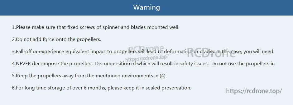 T-Motor TF16X8 Fixed-Wing Folding Propeller, Safety warning sheet with handling and storage instructions for T-Motor TF16X8 folding propeller blades