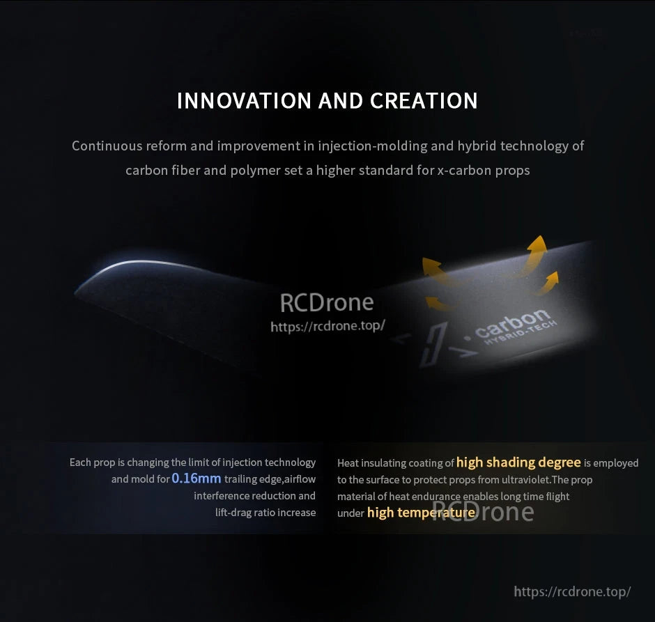 T-Motor TF16X8 Fixed-Wing Folding Propeller, Close-up of T-Motor folding propeller blade with X-Carbon Hybrid-Tech branding and thin 0.16mm trailing edge text.