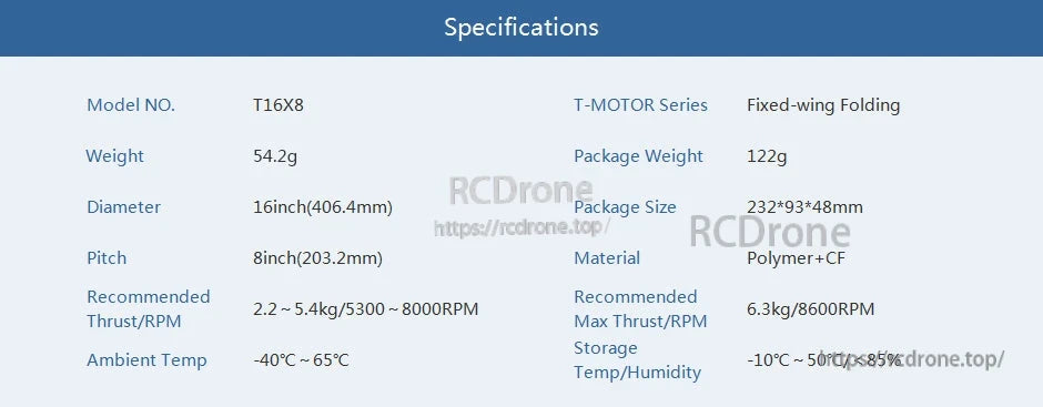 T-Motor TF16X8 fixed-wing folding propeller specifications table with 16x8 size, 54.2 g weight, polymer+CF material