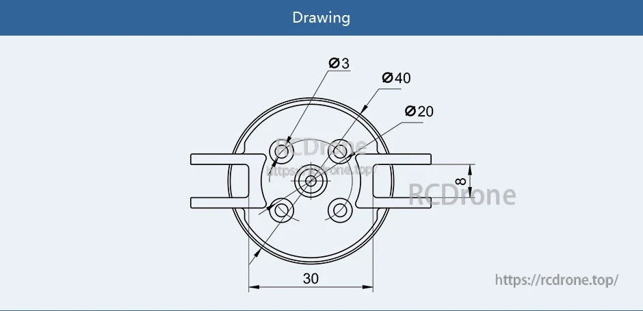 T-Motor TF16X8 Fixed-Wing Folding Propeller, Dimensional drawing of T-Motor TF16X8 folding propeller hub showing Ø40/Ø20 circles, Ø3 holes, 30 mm width
