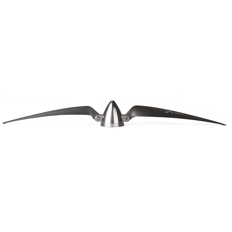 T-Motor TF16X8 Fixed-Wing Folding Propeller, T-Motor TF16X8 folding fixed-wing propeller with two black blades and a silver spinner hub