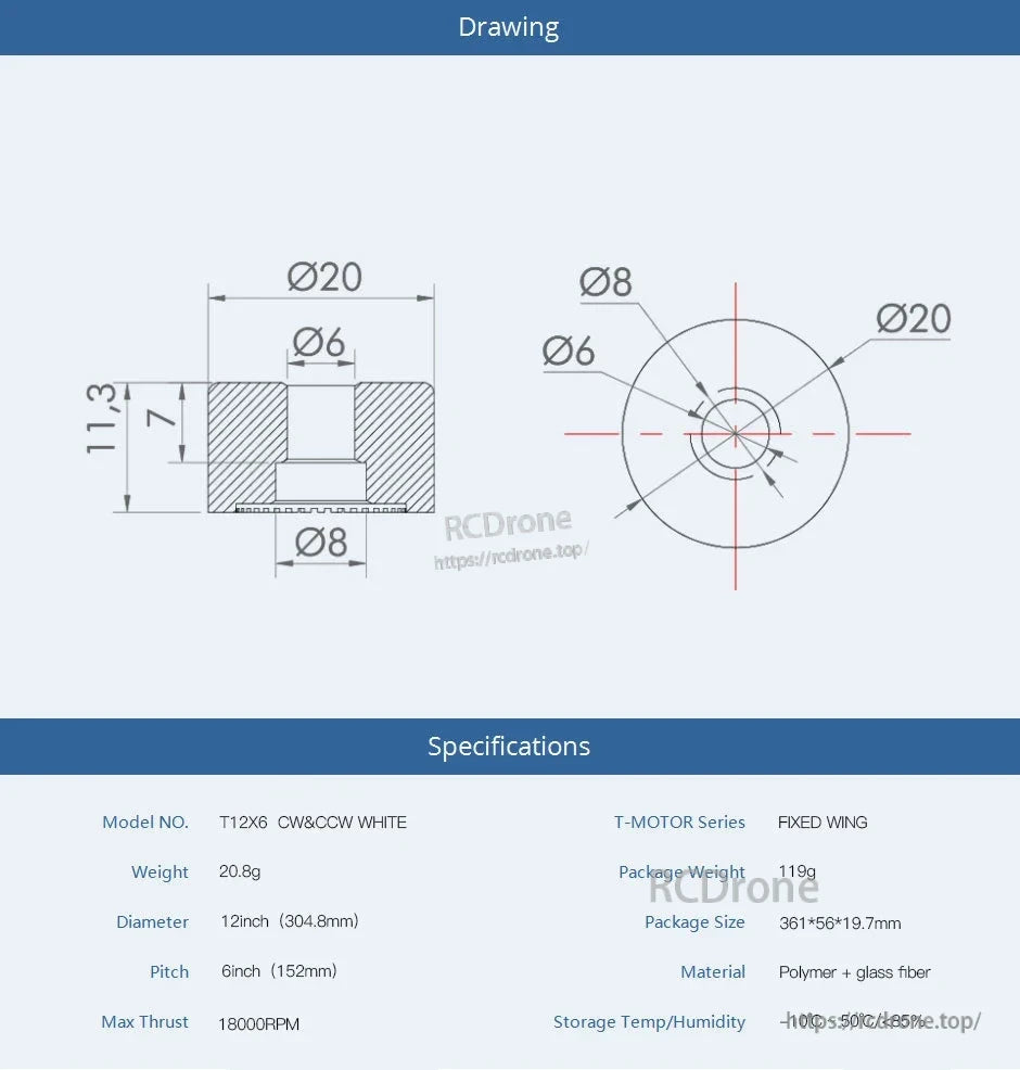 T-Motor TS12X6 fixed wing propeller hub drawing and specs, showing 12in diameter, 6in pitch and bore sizes