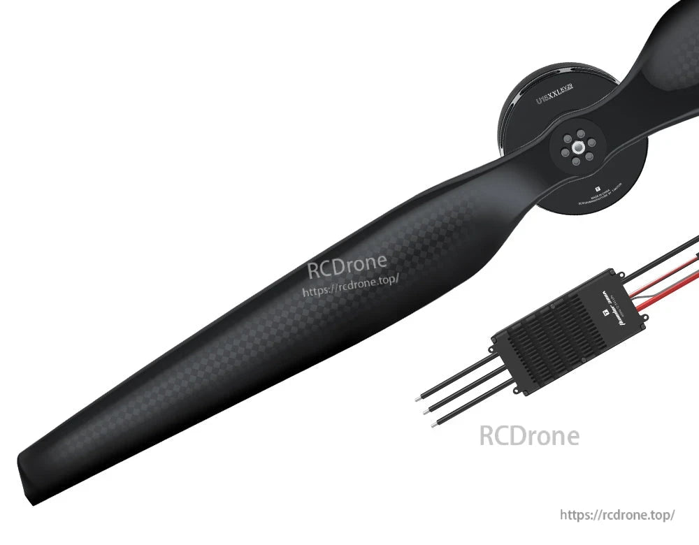 T-Motor Thunder 300A 24S ESC, T-Motor Thunder ESC module with finned black heatsink and power wires, pictured beside a large drone propeller