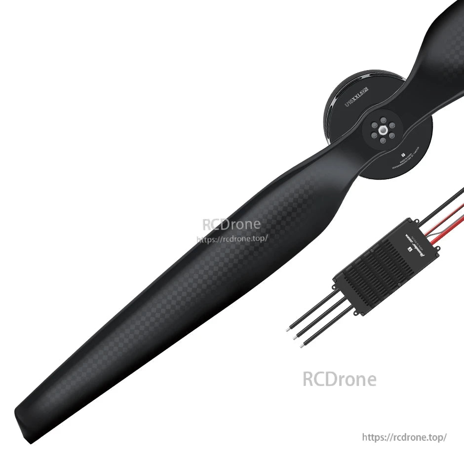 T-Motor Thunder 300A 24S ESC with finned black heatsink and motor wiring next to large propeller