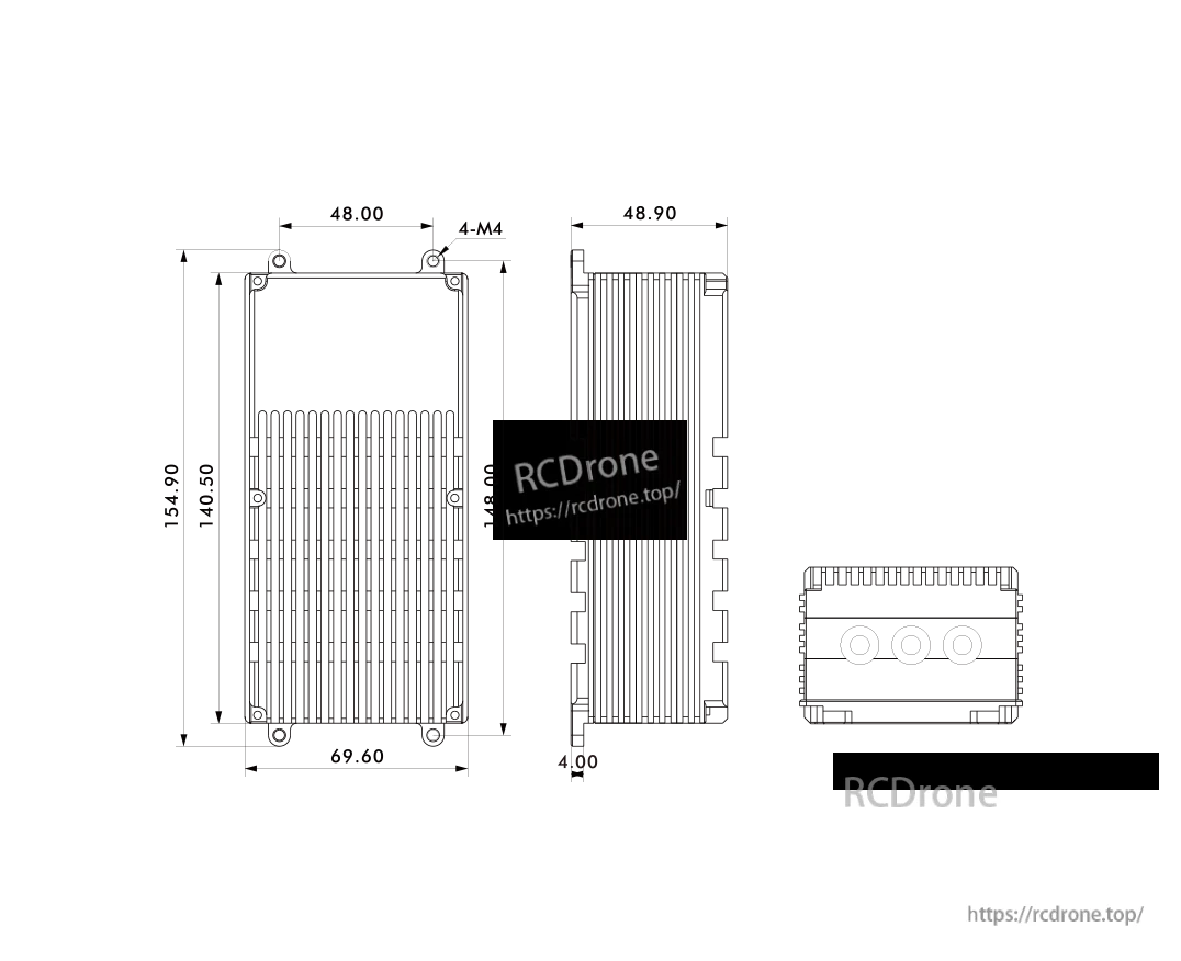 T-Motor Thunder 300A 24S ESC dimension drawing with finned heatsink layout, mounting holes, and side profile
