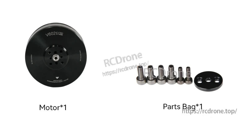 T-Motor, Top view of V602 KV180 motor with included parts bag featuring mounting screws and a small plate