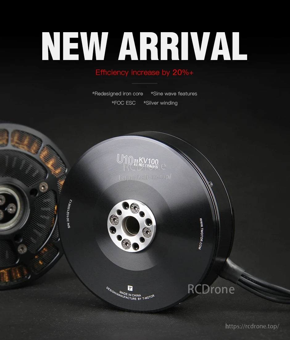 T-Motor U10 II KV100 brushless motor close-up with mounting hub and cable lead