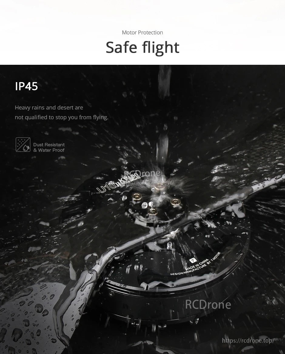 T-Motor U10 II brushless drone motor with water splashing, highlighting IP45 dust-resistant and waterproof protection