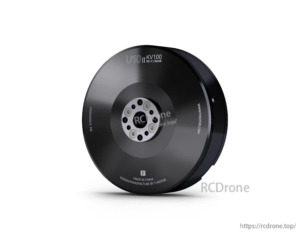 T-Motor U10 II KV100 brushless drone motor, black round housing with central mounting plate and bolt holes