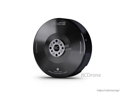 T-Motor U10 II KV100 brushless drone motor, black round housing with central mounting plate and bolt holes