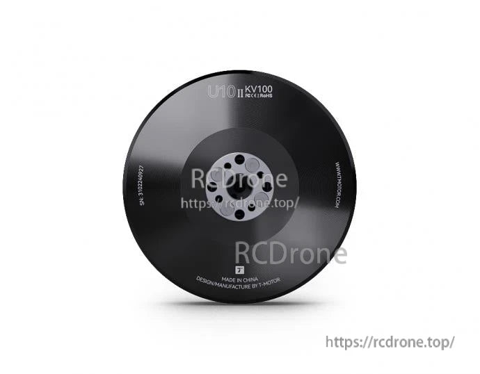 Top view of T-Motor U10 KV100 brushless motor with black round top plate and central mounting hub