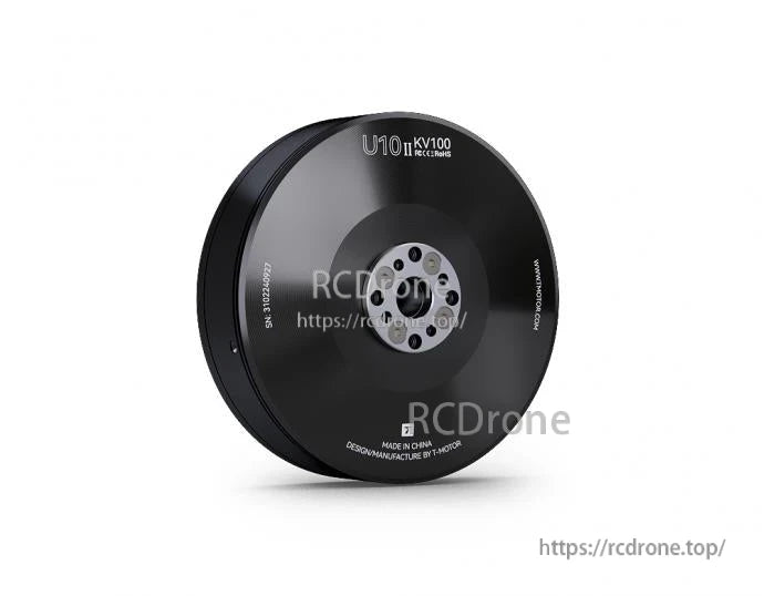 T-Motor U10 II KV100 black brushless drone motor, front view with central mounting holes