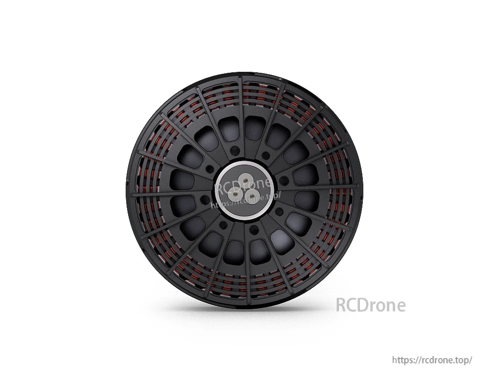 Top view of a T-Motor round black housing with radial spokes, visible copper windings, and a central mounting hub