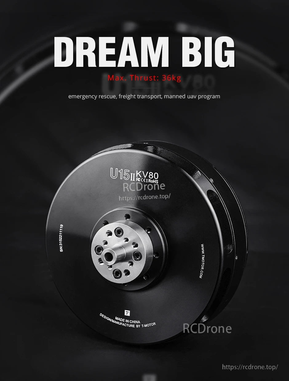T-Motor U15II KV80 large UAV brushless motor with front mounting hub; graphic notes max thrust 36kg
