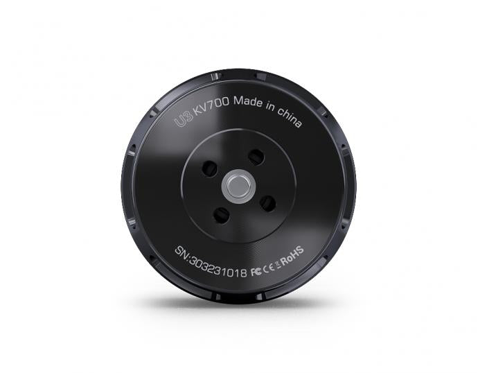 Top view of T-Motor U3 KV700 brushless motor with black round housing, central shaft, and mounting holes